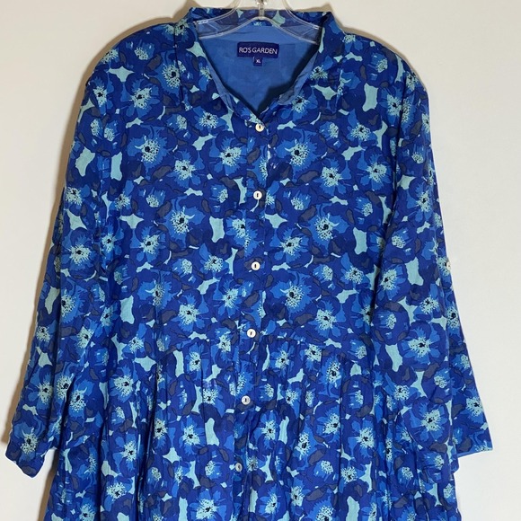 Ro's Garden Dress Womens XL Blue Floral Button Front Cotton Lined Boho Tunic - Picture 2 of 16